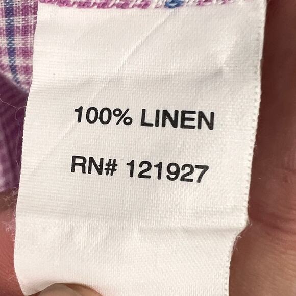 Johnnie-O Mens L Hangin Out Pink Plaid 100% Linen Coastal Resort Preppy Shirt‎ - Picture 6 of 10